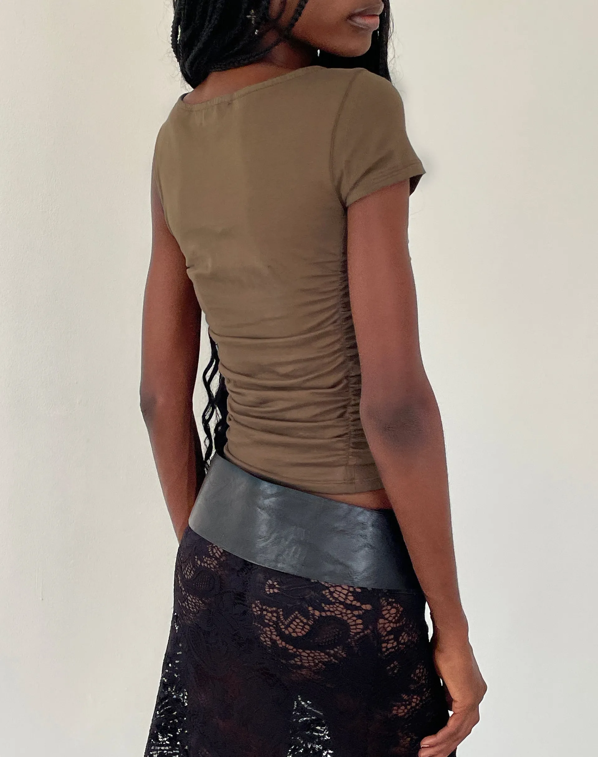 Motel Rocks Basics | Basic Tops-Sunhee Slash Neck Asymmetrical Top in mocca