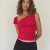 Motel Rocks Basics | Basic Tops-Sunhee Slash Neck Top in Adrenalin Red adrenalinred