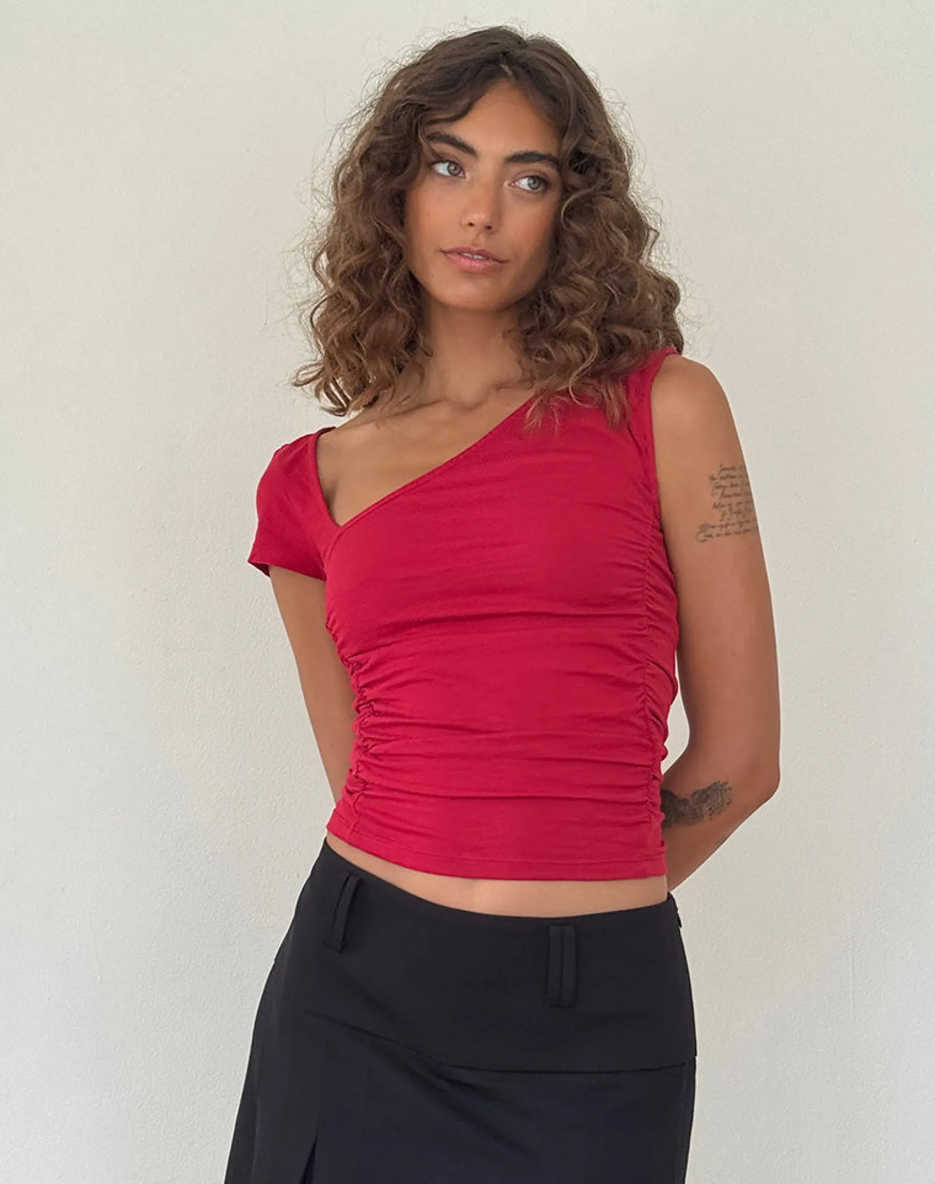 Motel Rocks Basics | Basic Tops-Sunhee Slash Neck Top in Adrenalin Red adrenalinred