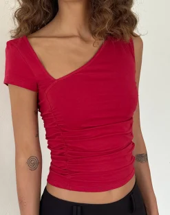 Motel Rocks Basics | Basic Tops-Sunhee Slash Neck Top in Adrenalin Red adrenalinred