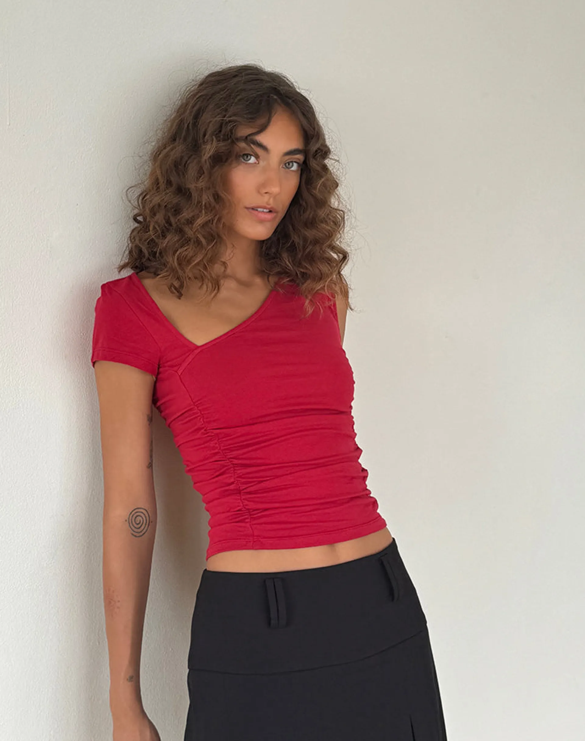 Motel Rocks Basics | Basic Tops-Sunhee Slash Neck Top in Adrenalin Red adrenalinred