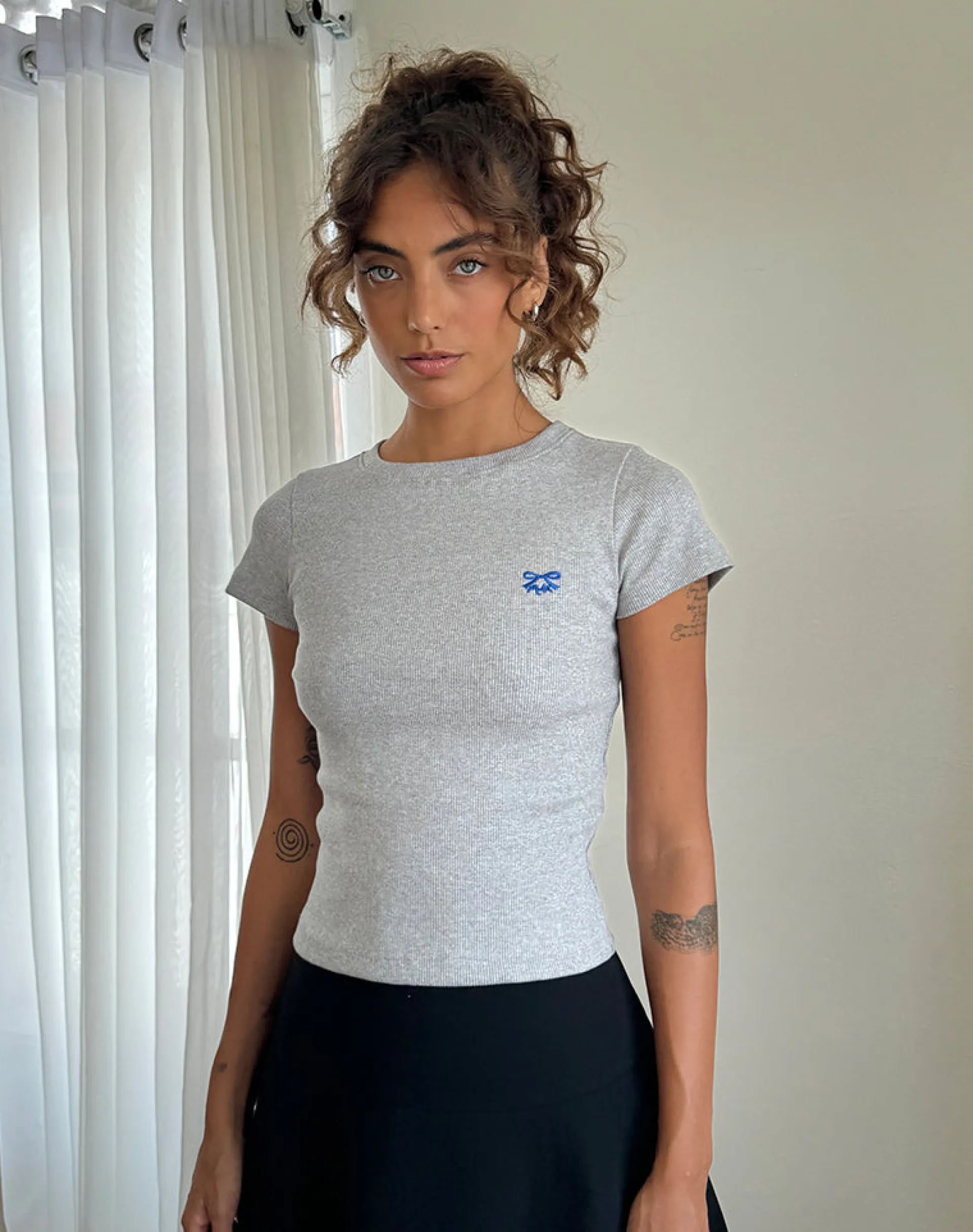 Motel Rocks Basic Tops | Tees-Suti Tee in Grey Marl with Cobalt Blue Bow Embroidery GreyMarlwithCobaltBlueBowEmbroidery