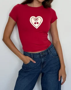 Motel Rocks Tees-Sutin Baby Tee in Adrenaline Red with Embroidered Cherry Heart AdrenalineRedwithEmbroideredCherryHeart