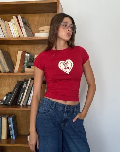 Motel Rocks Tees-Sutin Baby Tee in Adrenaline Red with Embroidered Cherry Heart AdrenalineRedwithEmbroideredCherryHeart