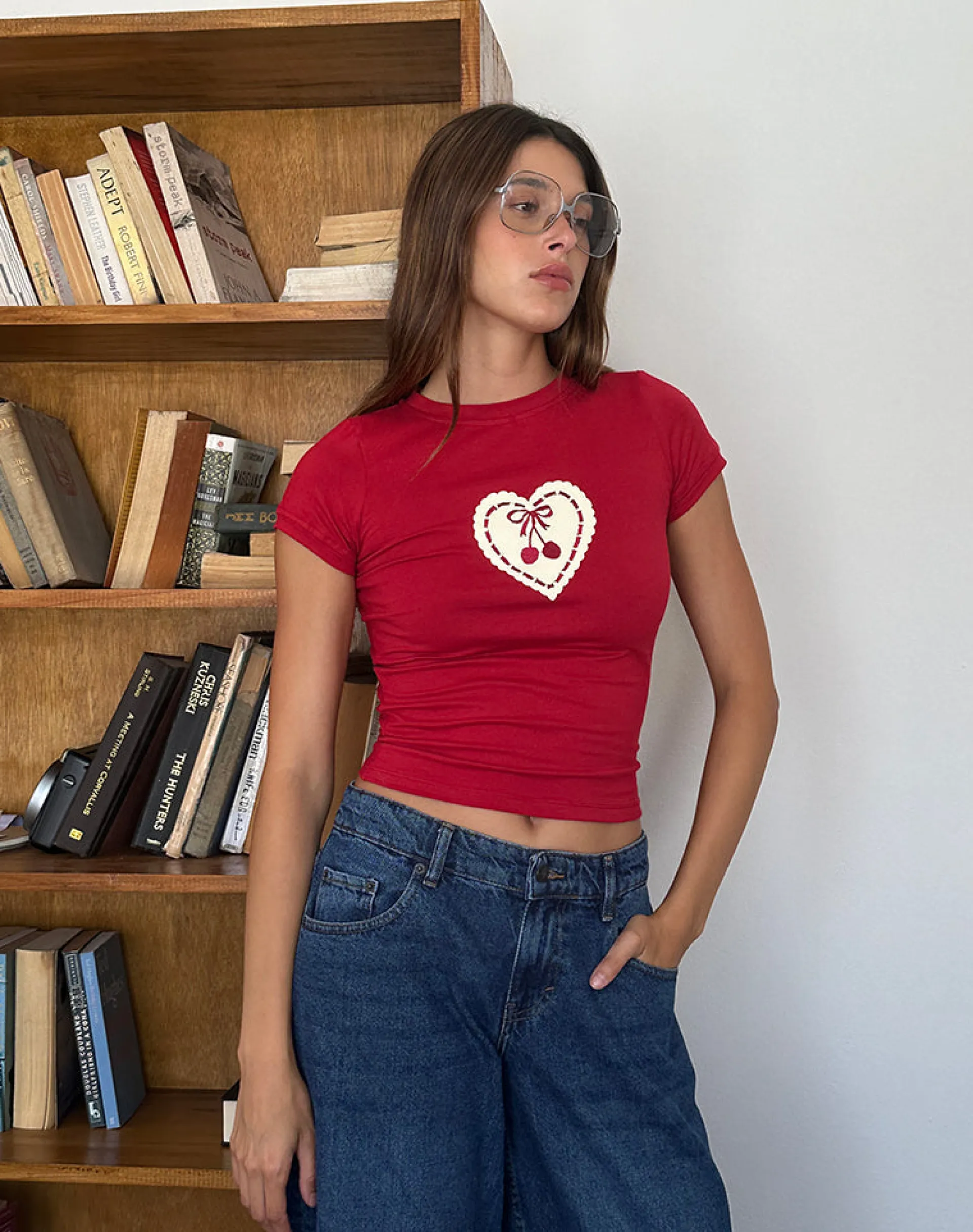 Motel Rocks Tees-Sutin Baby Tee in Adrenaline Red with Embroidered Cherry Heart AdrenalineRedwithEmbroideredCherryHeart