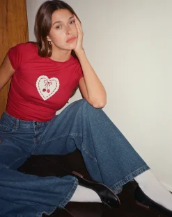 Motel Rocks Tees-Sutin Baby Tee in Adrenaline Red with Embroidered Cherry Heart AdrenalineRedwithEmbroideredCherryHeart