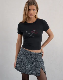 Motel Rocks Basic Tops | Printed Tops-Sutin Baby Tee in Black with Cocktail Glass Hotfix BlackwithCocktailGlassHotfix