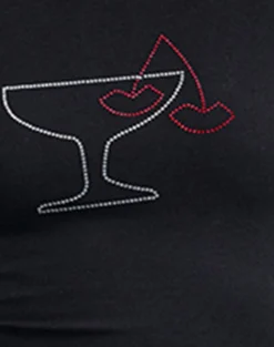 Motel Rocks Basic Tops | Printed Tops-Sutin Baby Tee in Black with Cocktail Glass Hotfix BlackwithCocktailGlassHotfix