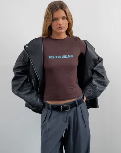 Motel Rocks Printed Tops | Tees-Sutin Baby Tee in Deep Mahogany with Don't Be Jealous Slogan DeepMahoganywithDon'tBeJelousSlogan
