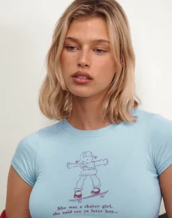 Motel Rocks Basic Tops | Tees-Sutin Baby Tee in Nantucket Blue with Skater Girl Motif NantucketBluewithSkaterGirlMotif
