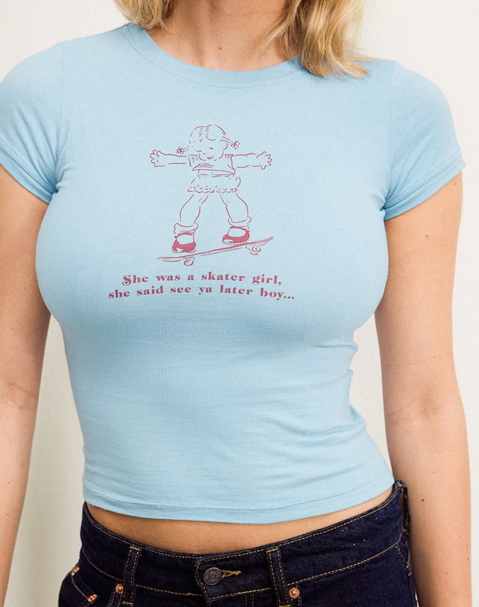 Motel Rocks Basic Tops | Tees-Sutin Baby Tee in Nantucket Blue with Skater Girl Motif NantucketBluewithSkaterGirlMotif