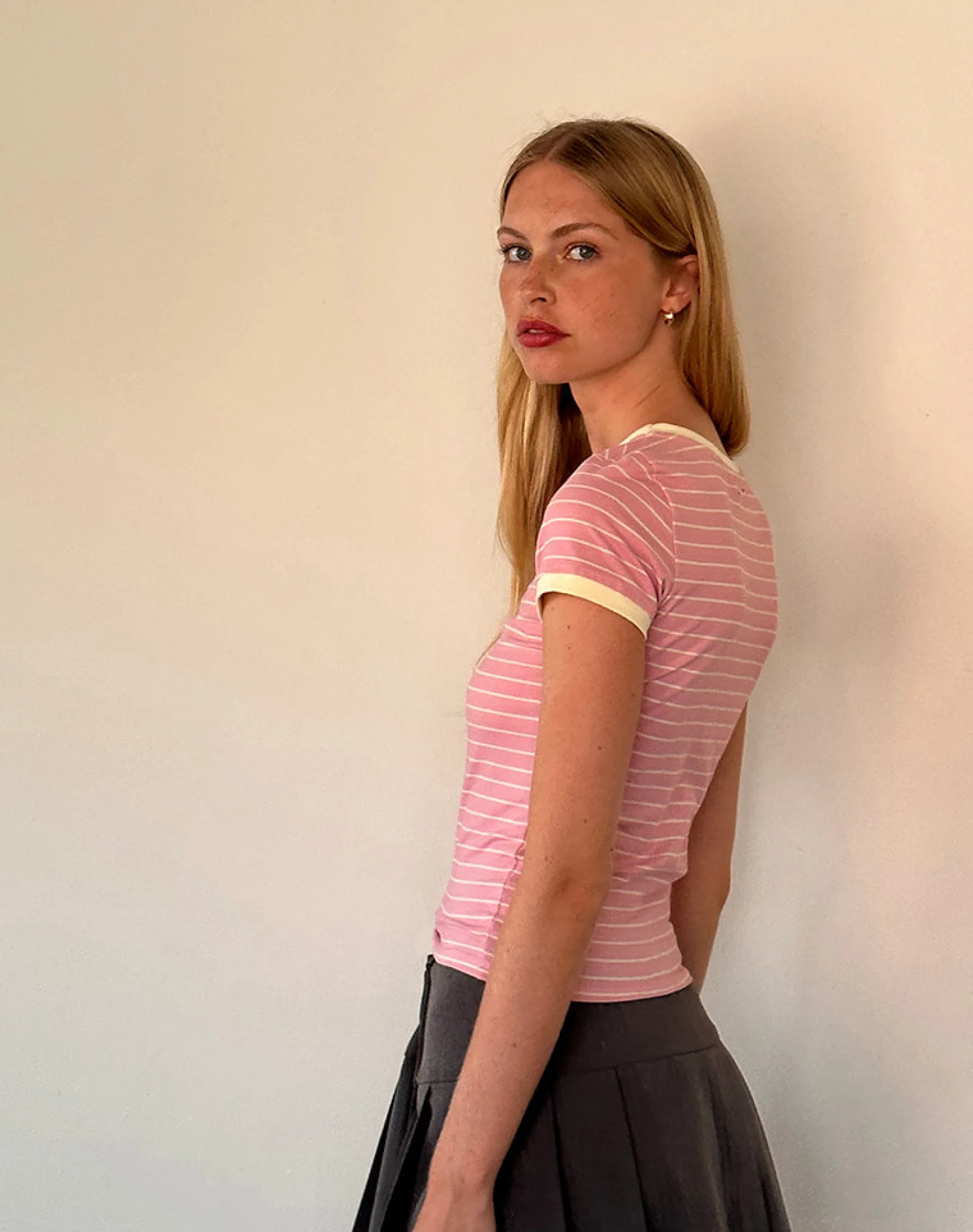 Motel Rocks Printed Tops | Tees-Sutin Baby Tee in Pink Stripe Combi Cherry Embroidery PinkStripeCombiCherryEmbroidery
