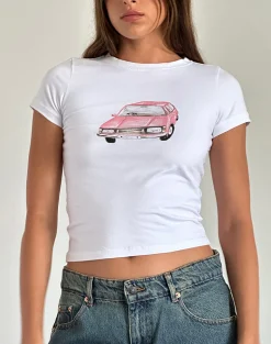 Motel Rocks Basics | Basic Tops-Sutin Baby Tee in White with Scribble Car Graphic WhitewithScribbleCarGraphic