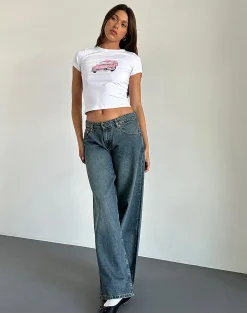 Motel Rocks Basics | Basic Tops-Sutin Baby Tee in White with Scribble Car Graphic WhitewithScribbleCarGraphic