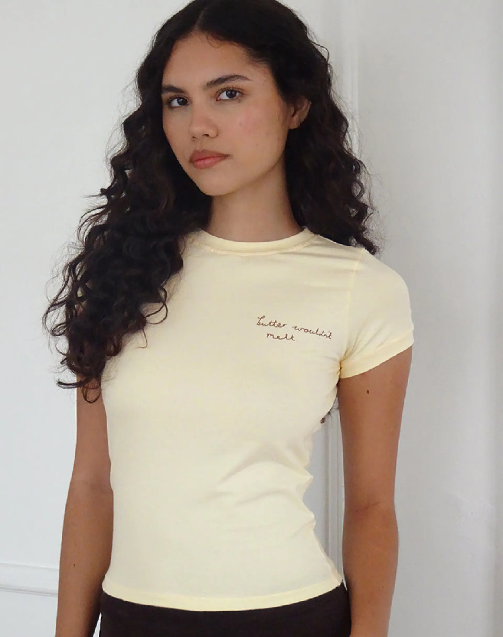 Motel Rocks Printed Tops | Tees-Sutin Tee in Buttermilk with Butter Wouldn't Melt Motif ButtermilkwithButterWouldn'tMeltMotif
