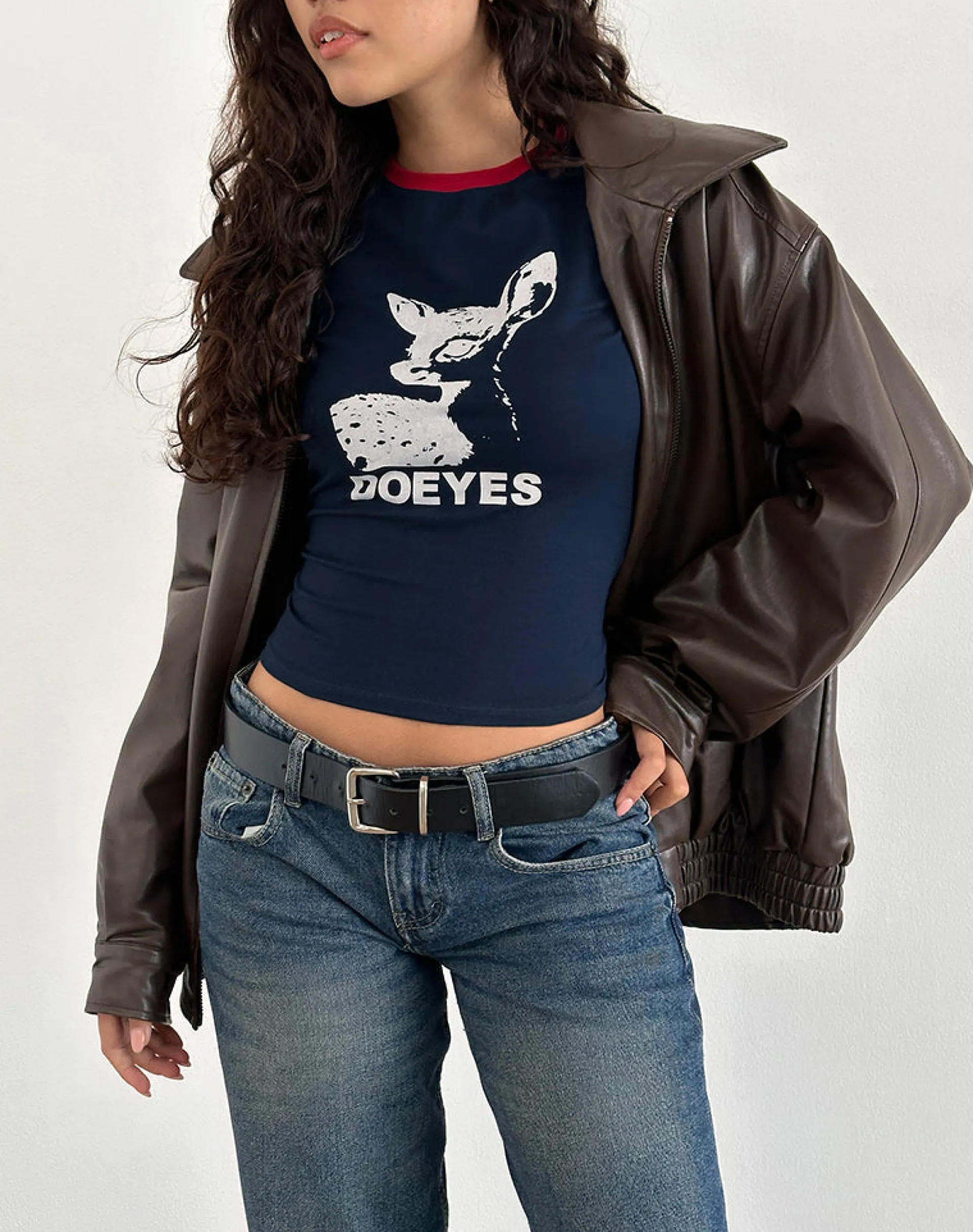 Motel Rocks Basic Tops | Printed Tops-Sutin Tee in Navy with Red Binding and Doeyes Graphic NavywithRedBindingandDoeyesGraphic