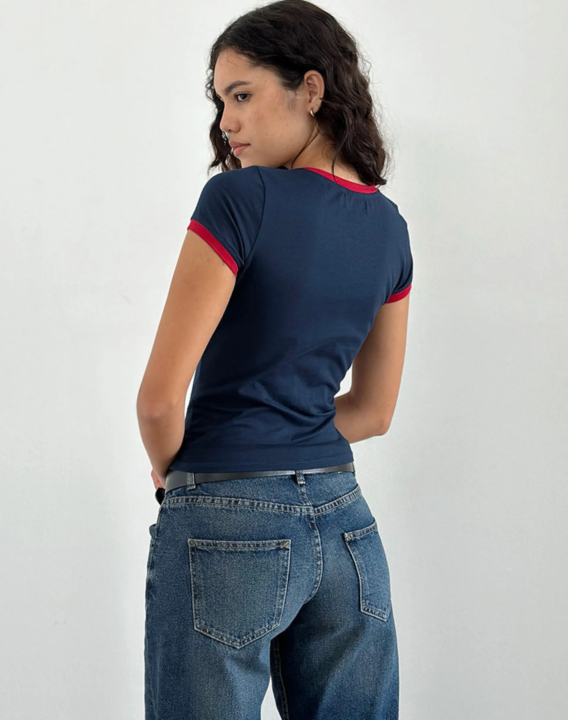 Motel Rocks Basic Tops | Printed Tops-Sutin Tee in Navy with Red Binding and Doeyes Graphic NavywithRedBindingandDoeyesGraphic
