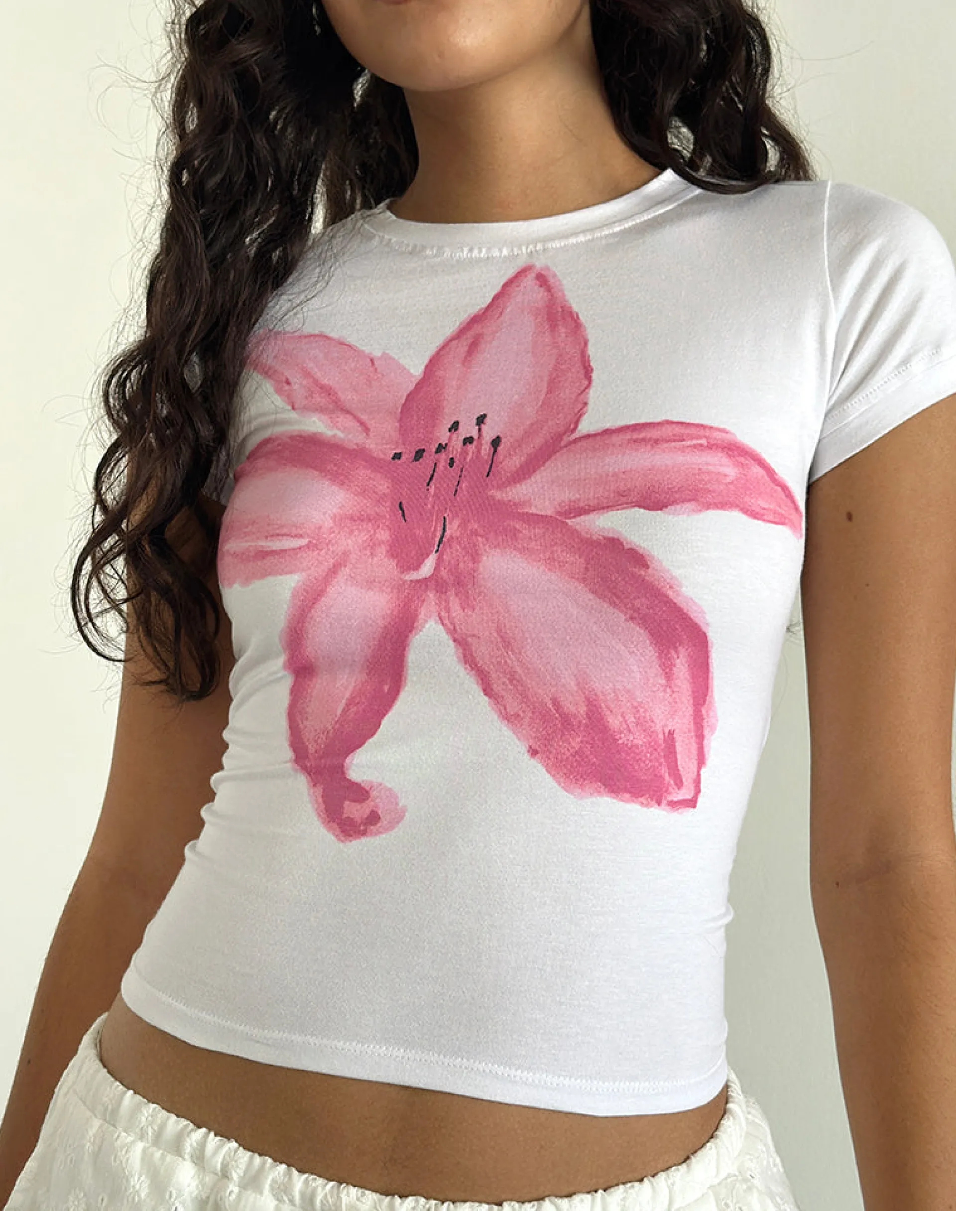 Motel Rocks Basic Tops | Printed Tops-Sutin Tee in White with Painted Flower Pink WhitewithPaintedFlowerPink