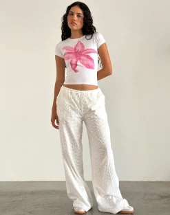 Motel Rocks Basic Tops | Printed Tops-Sutin Tee in White with Painted Flower Pink WhitewithPaintedFlowerPink
