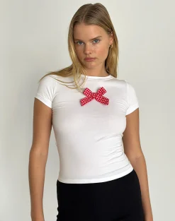 Motel Rocks Printed Tops-Sutin Tee in White with Red Gingham Bow WhitewithRedGinghamBow
