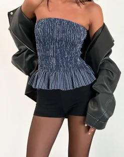 Motel Rocks Printed Tops | Bandeau Tops-Sutisna Bandeau Top in Indigo Stripe Dark Blue