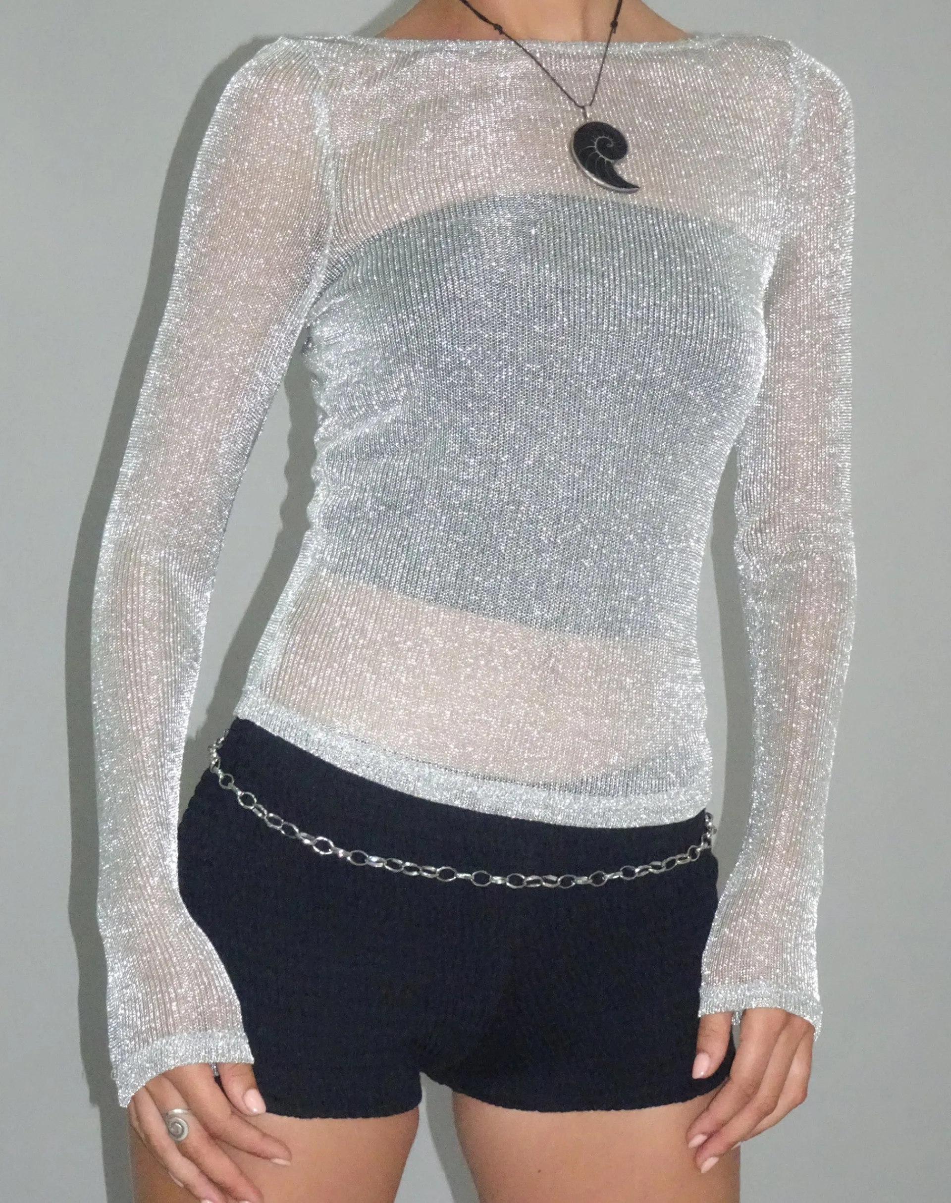 Motel Rocks Long Sleeve Tops | Going Out Tops-Suzette Long Sleeve Top in Silver Chain