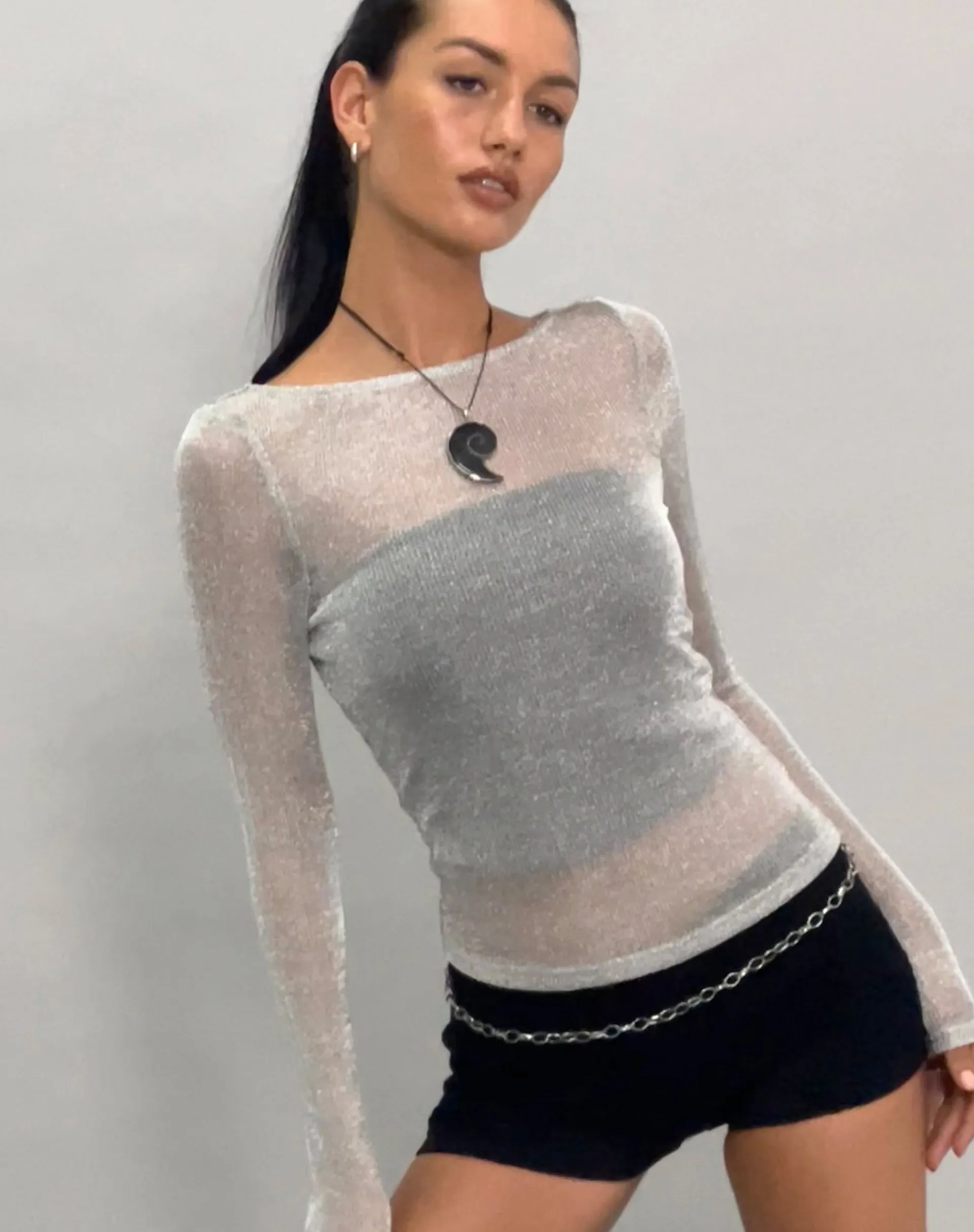 Motel Rocks Long Sleeve Tops | Going Out Tops-Suzette Long Sleeve Top in Silver Chain