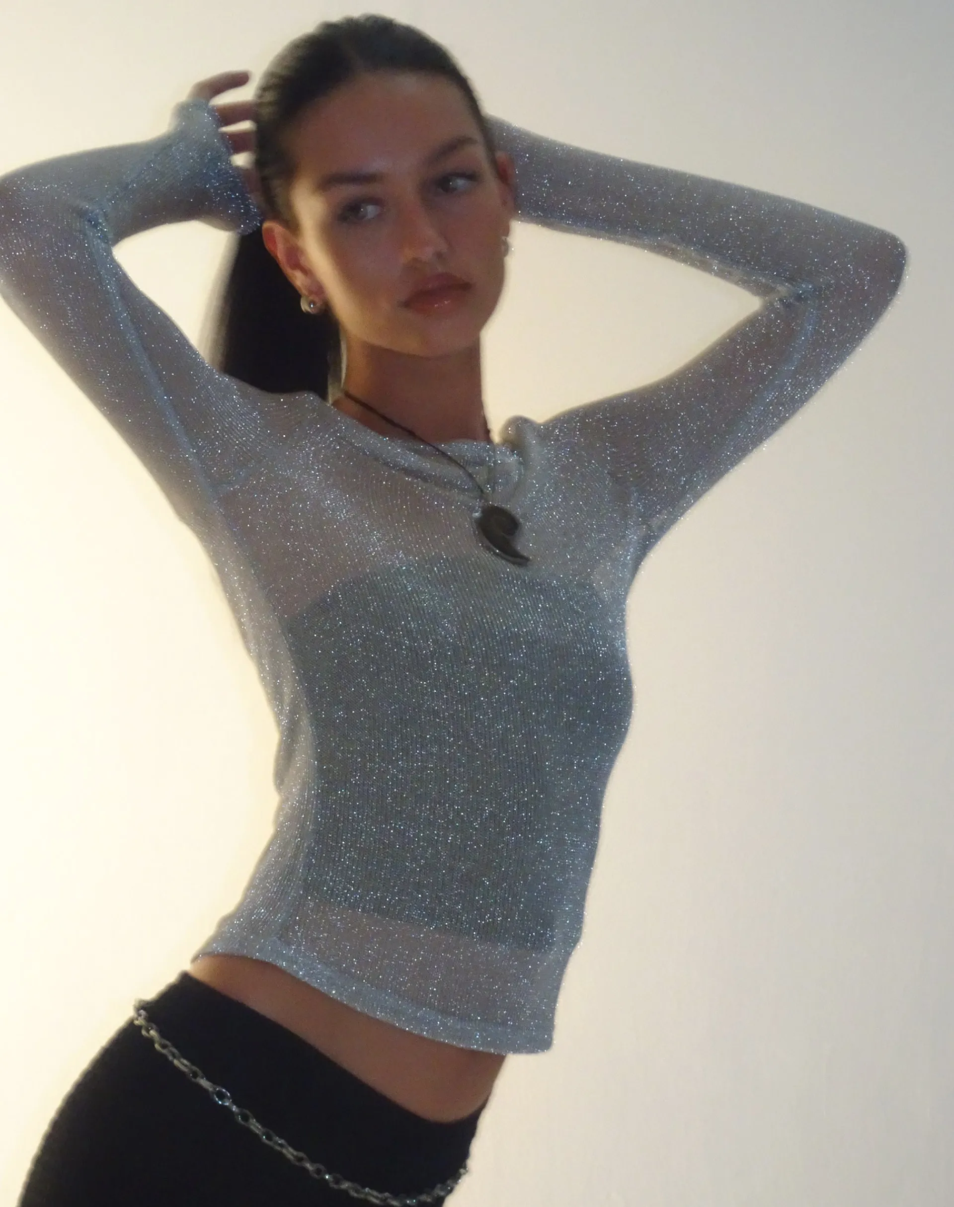 Motel Rocks Long Sleeve Tops | Going Out Tops-Suzette Long Sleeve Top in Silver Chain
