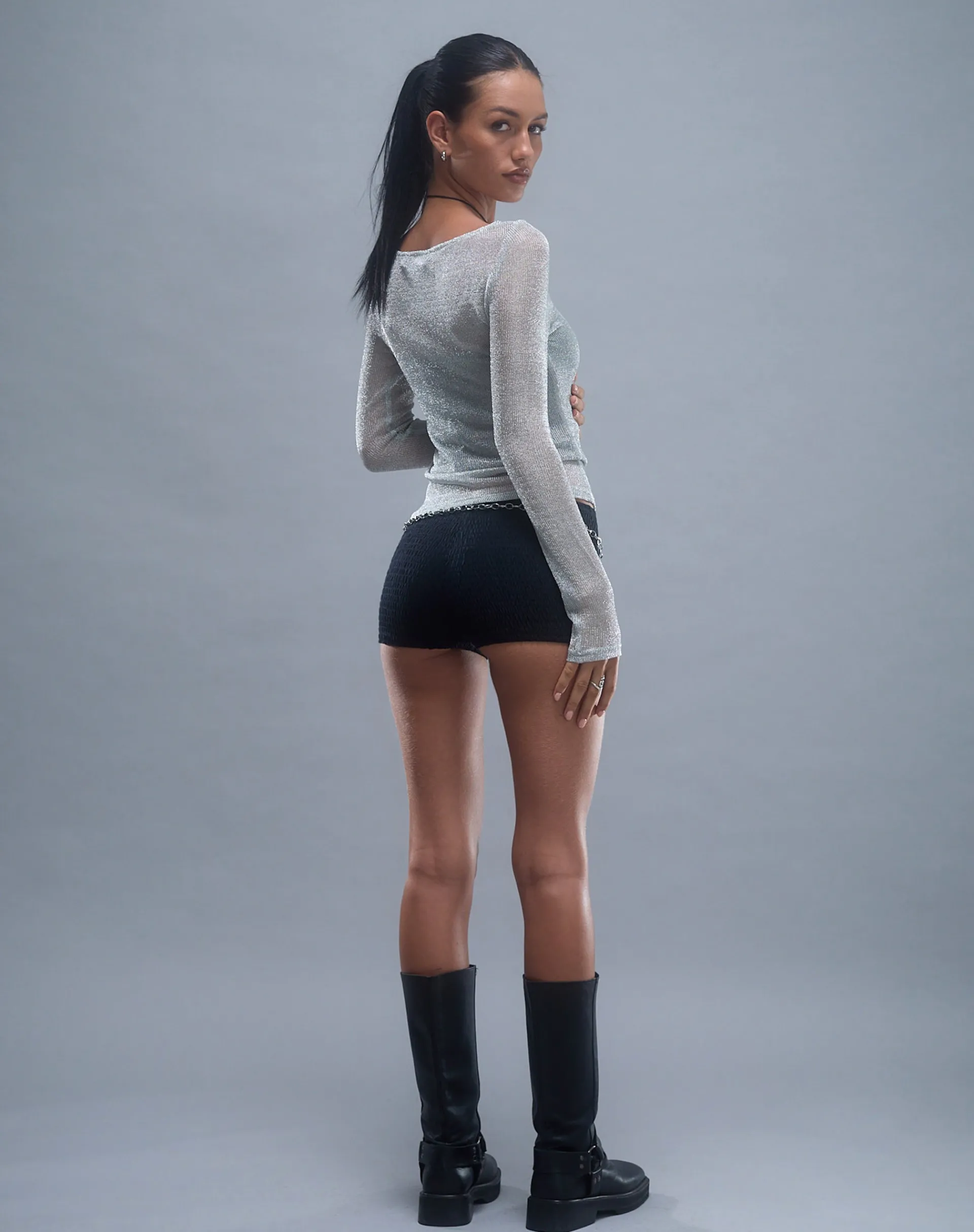 Motel Rocks Long Sleeve Tops | Going Out Tops-Suzette Long Sleeve Top in Silver Chain
