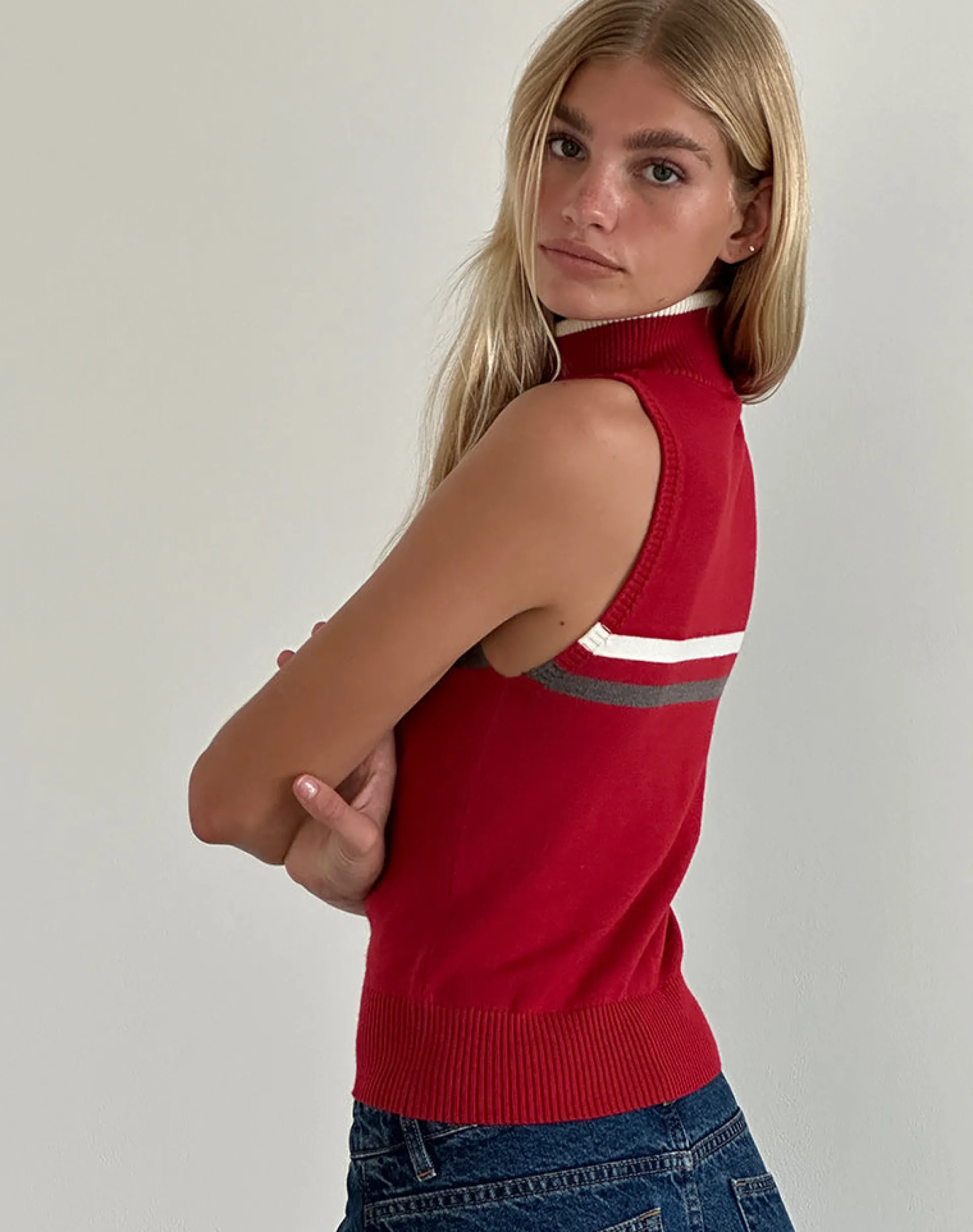 Motel Rocks Jackets-Tabeya Sleeveless Knit Jacket in Red