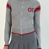 Motel Rocks Jackets-Tacita Zip Through Jacket in Grey with Red Motif