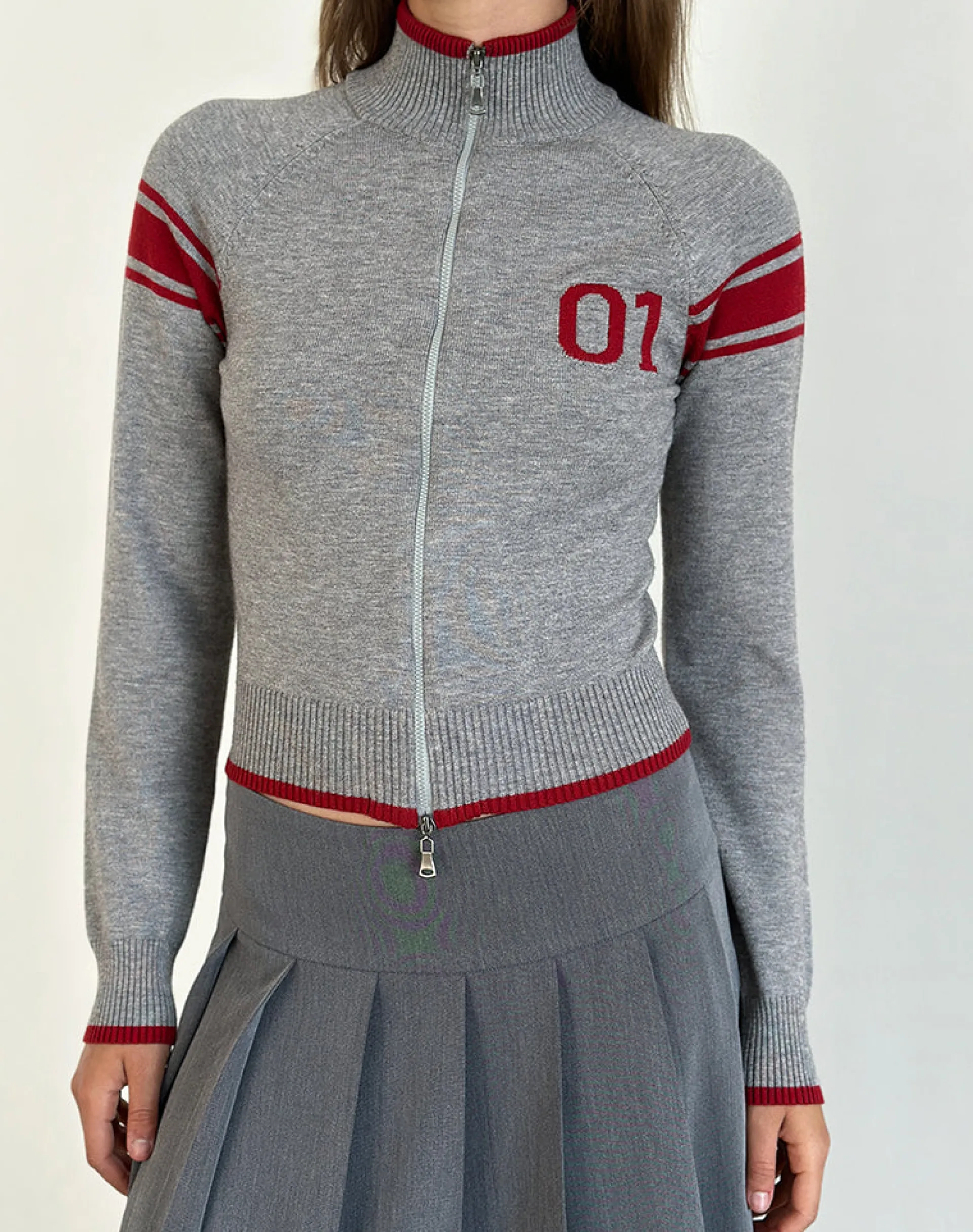 Motel Rocks Jackets-Tacita Zip Through Jacket in Grey with Red Motif