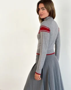 Motel Rocks Jackets-Tacita Zip Through Jacket in Grey with Red Motif