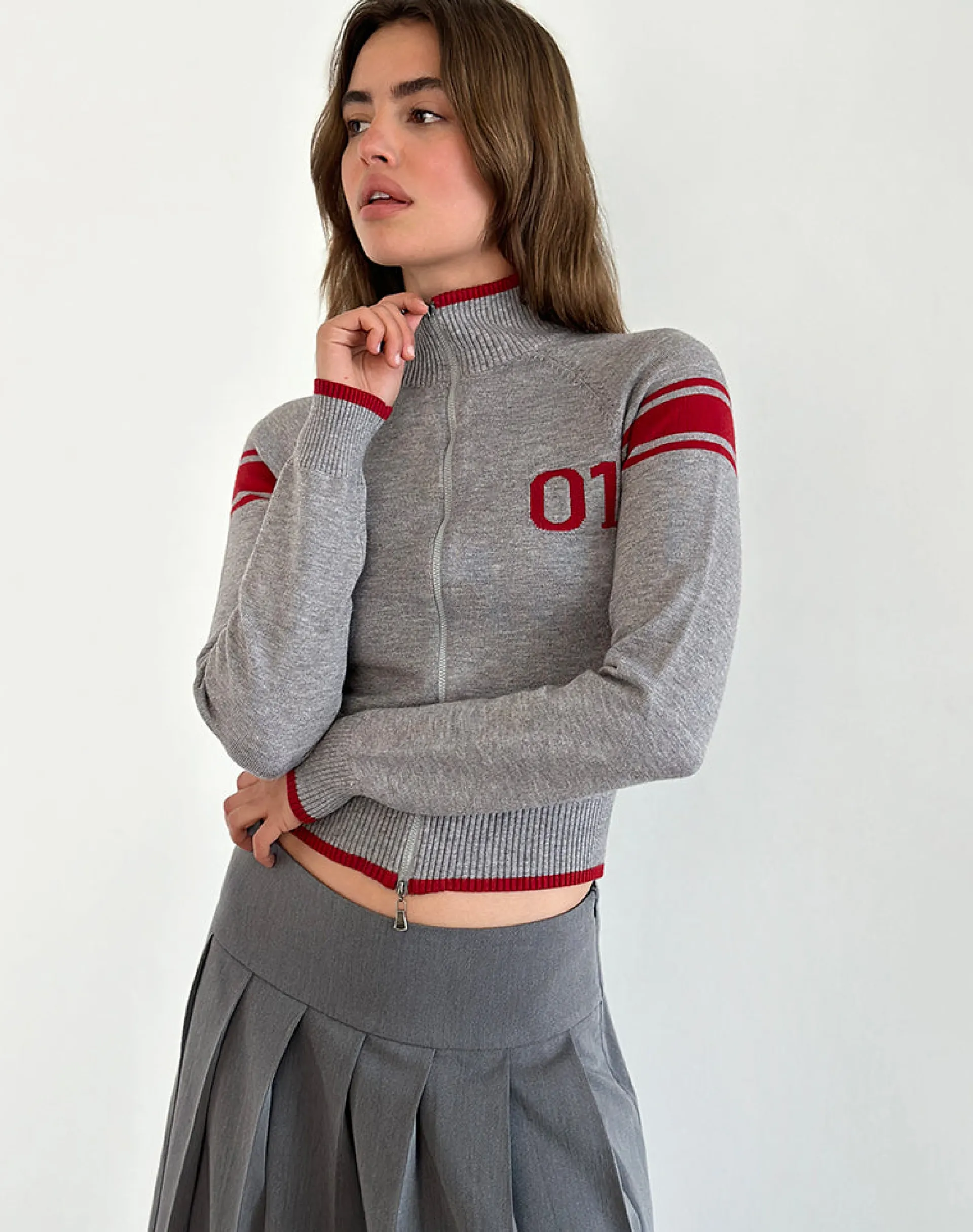 Motel Rocks Jackets-Tacita Zip Through Jacket in Grey with Red Motif