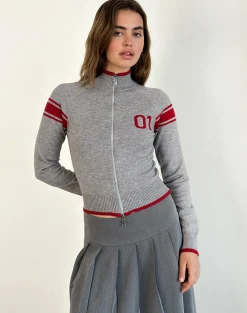 Motel Rocks Jackets-Tacita Zip Through Jacket in Grey with Red Motif