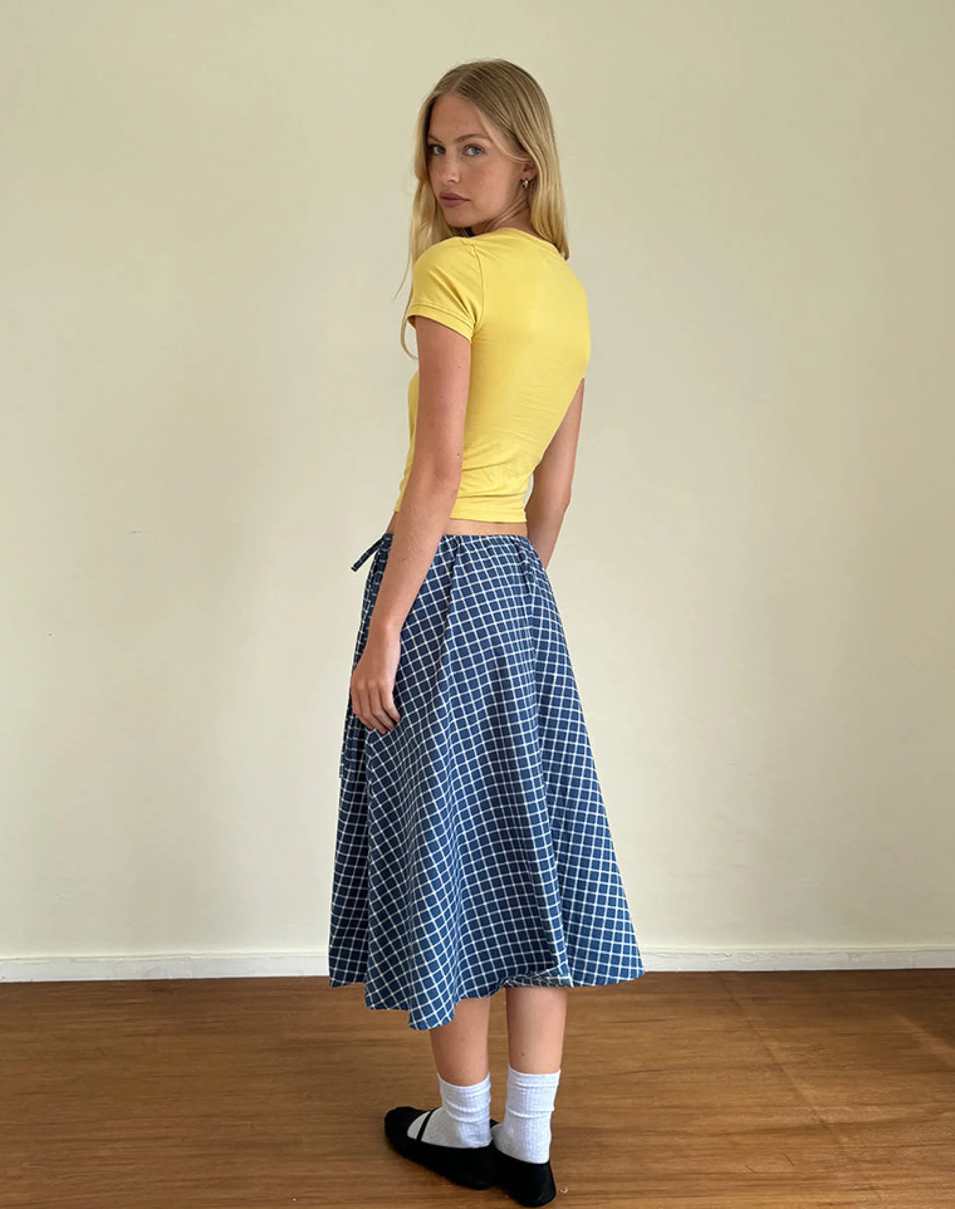 Motel Rocks Co-Ords | Printed Skirts-Takara Midi Skirt in Navy Tartan Poplin