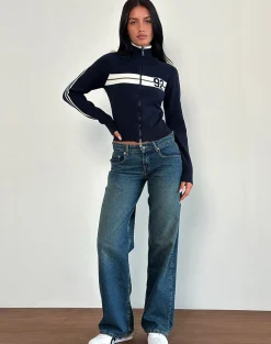 Motel Rocks Jackets-Takiya Zip Through Jacket in Deep Navy with 92 Design
