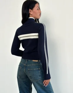 Motel Rocks Jackets-Takiya Zip Through Jacket in Deep Navy with 92 Design