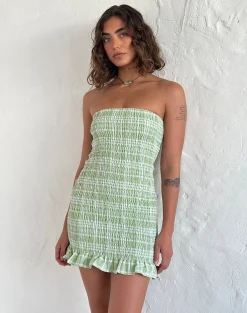 Motel Rocks Basics | Printed Dresses-Takiyo Mini Dress in Table Cloth Neo Mint TableClothNeoMint