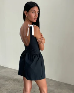 Motel Rocks Little Black Dresses | Party Dresses-Taleshi Mini Dress in Black with Tap Shoe Off White Bows