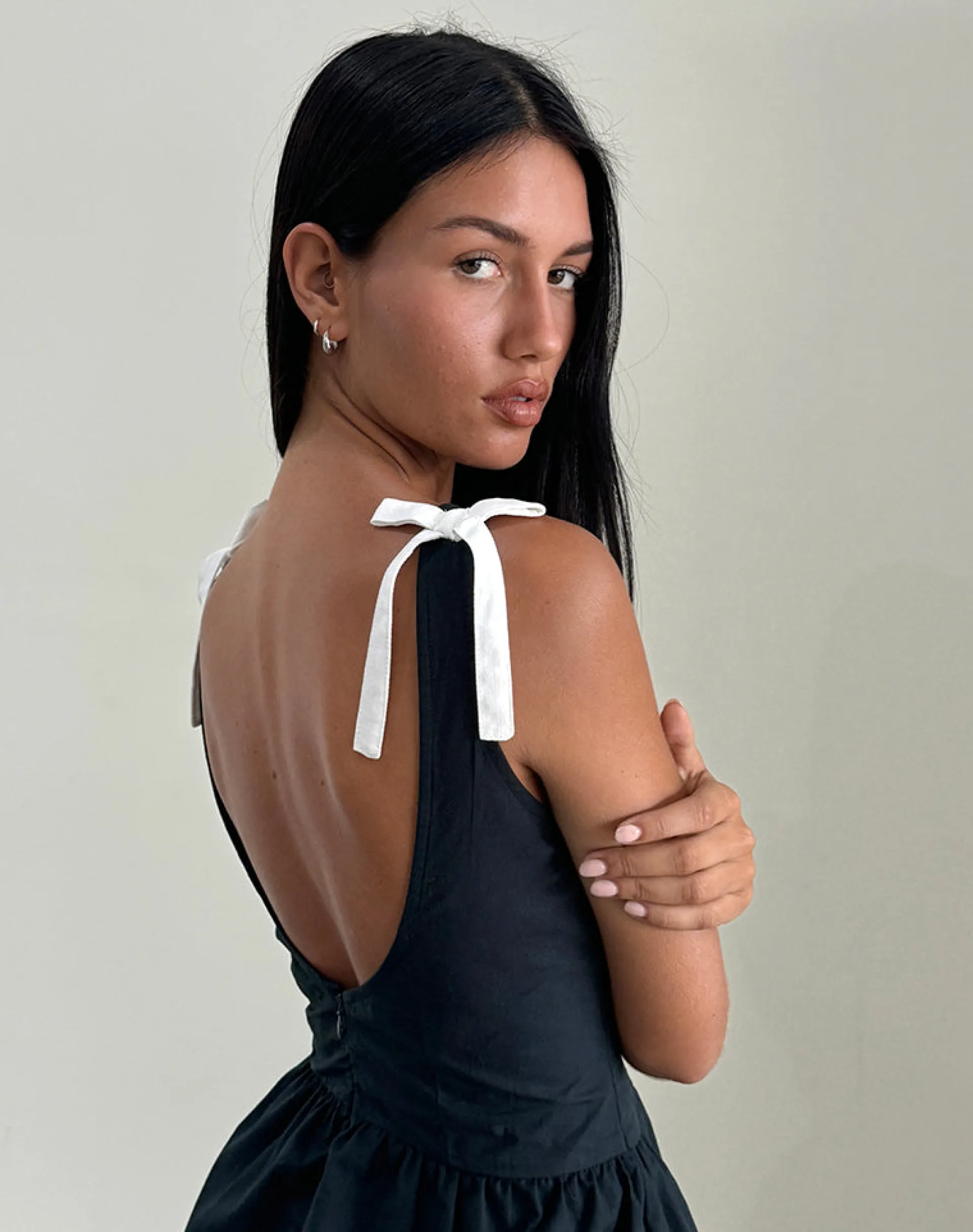 Motel Rocks Little Black Dresses | Party Dresses-Taleshi Mini Dress in Black with Tap Shoe Off White Bows