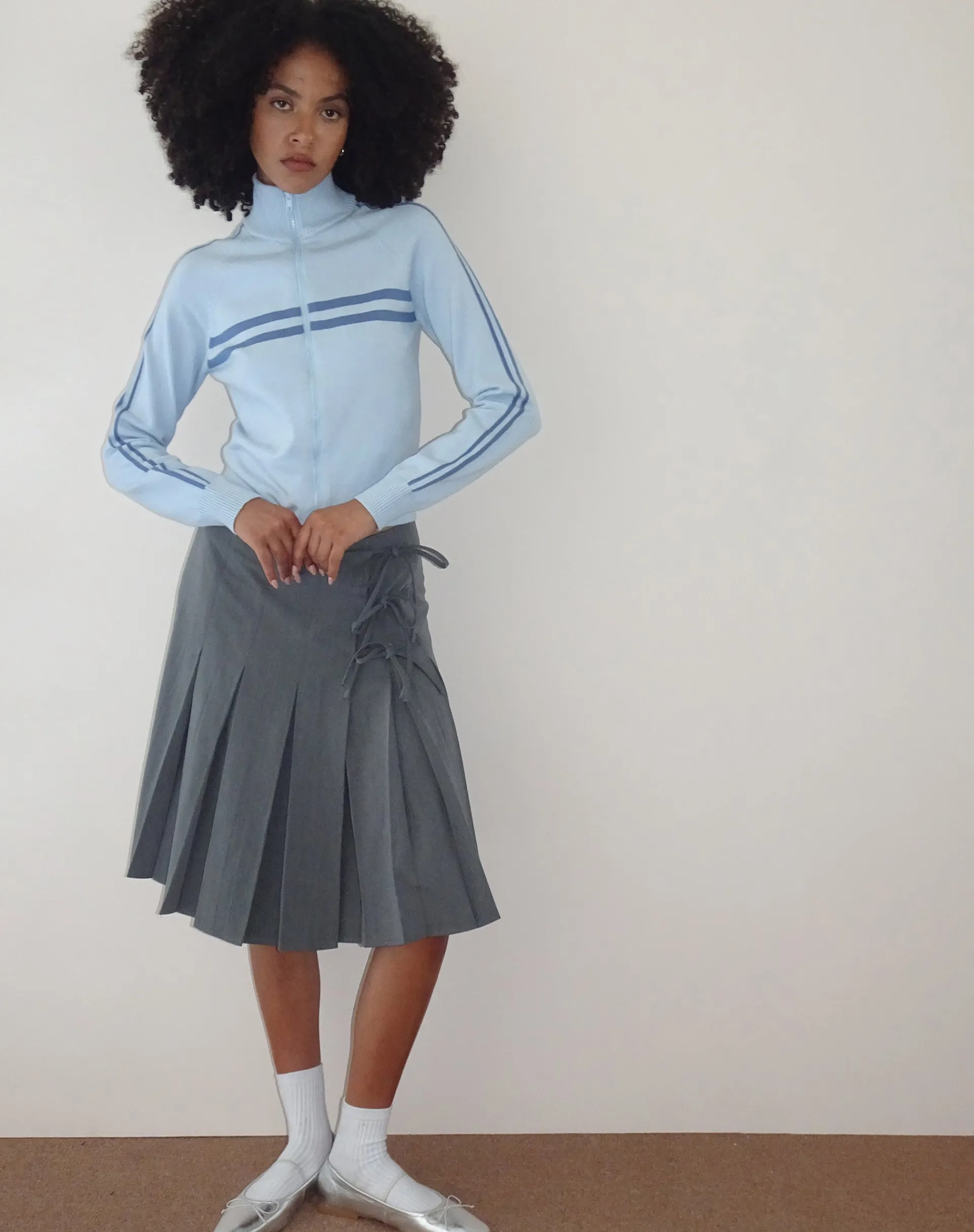 Motel Rocks Jackets-Talisa Sporty Zip Through Jacket in Knit Light Blue KnitLightBlue