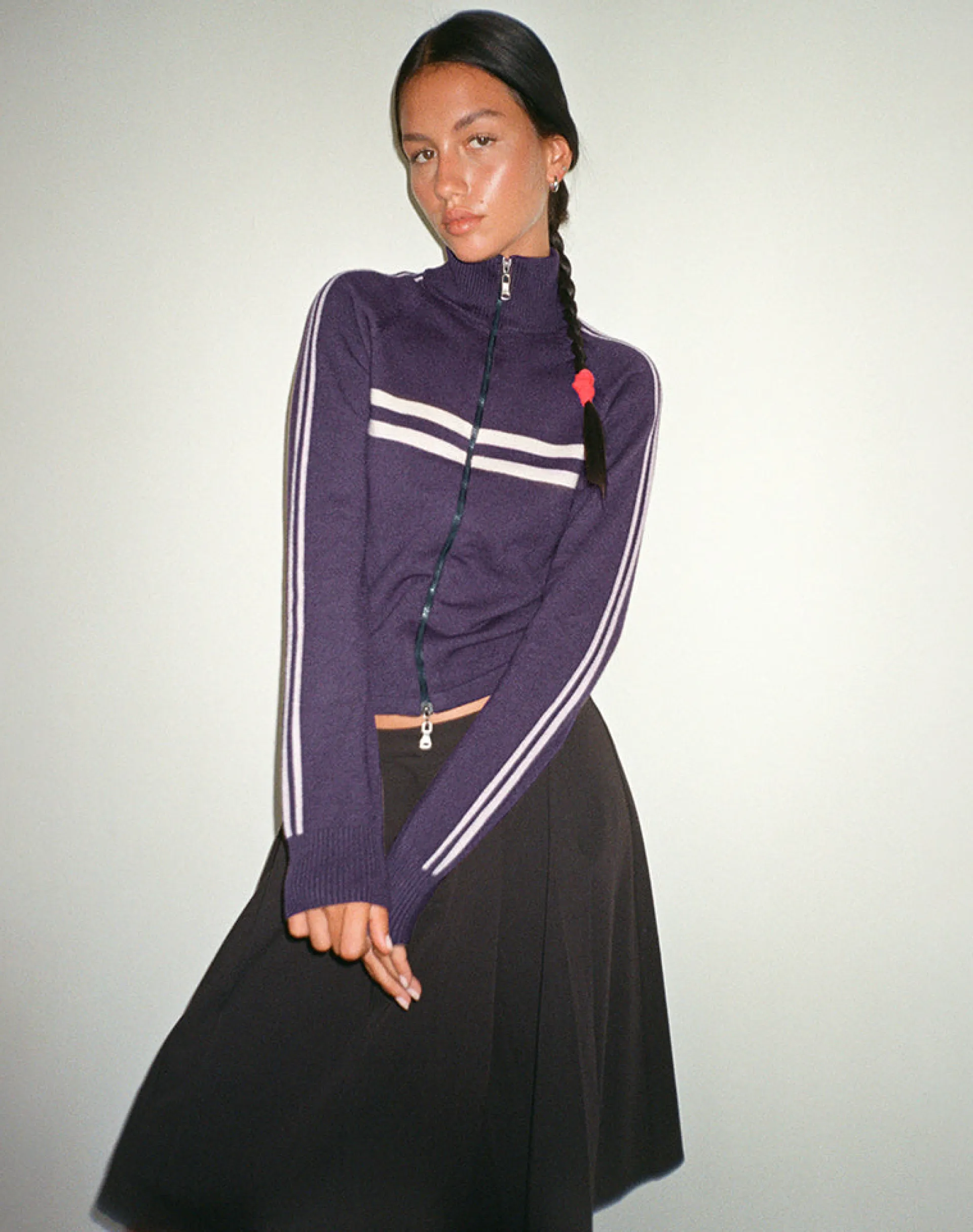 Motel Rocks Jackets-Talisa Sporty Zip Through Jacket In Charcoal with Light Grey Stripes CharcoalwithLightGreyStripes