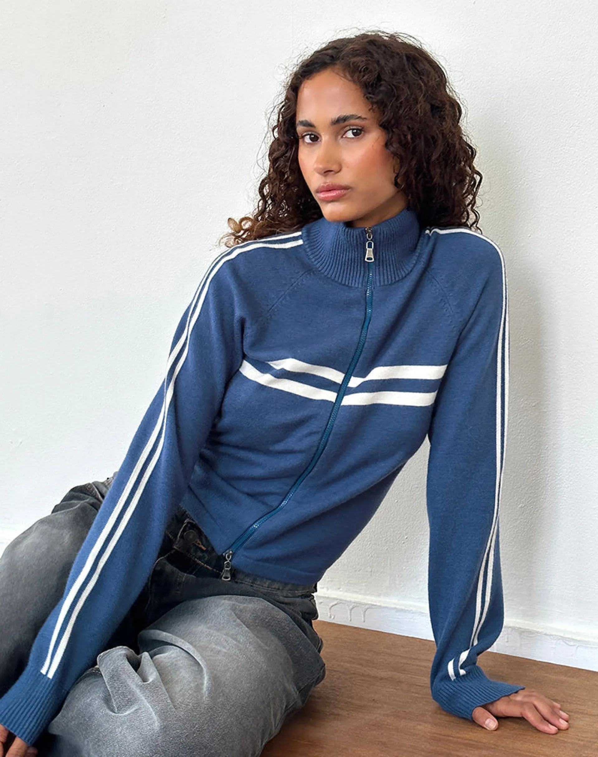 Motel Rocks Loungewear | Jumpers-Talisa Sporty Zip Through Jacket In Navy with Ivory Stripes NavywithIvoryStripes