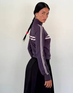Motel Rocks Jackets-Talisa Sporty Zip Through Jacket In Charcoal with Light Grey Stripes CharcoalwithLightGreyStripes