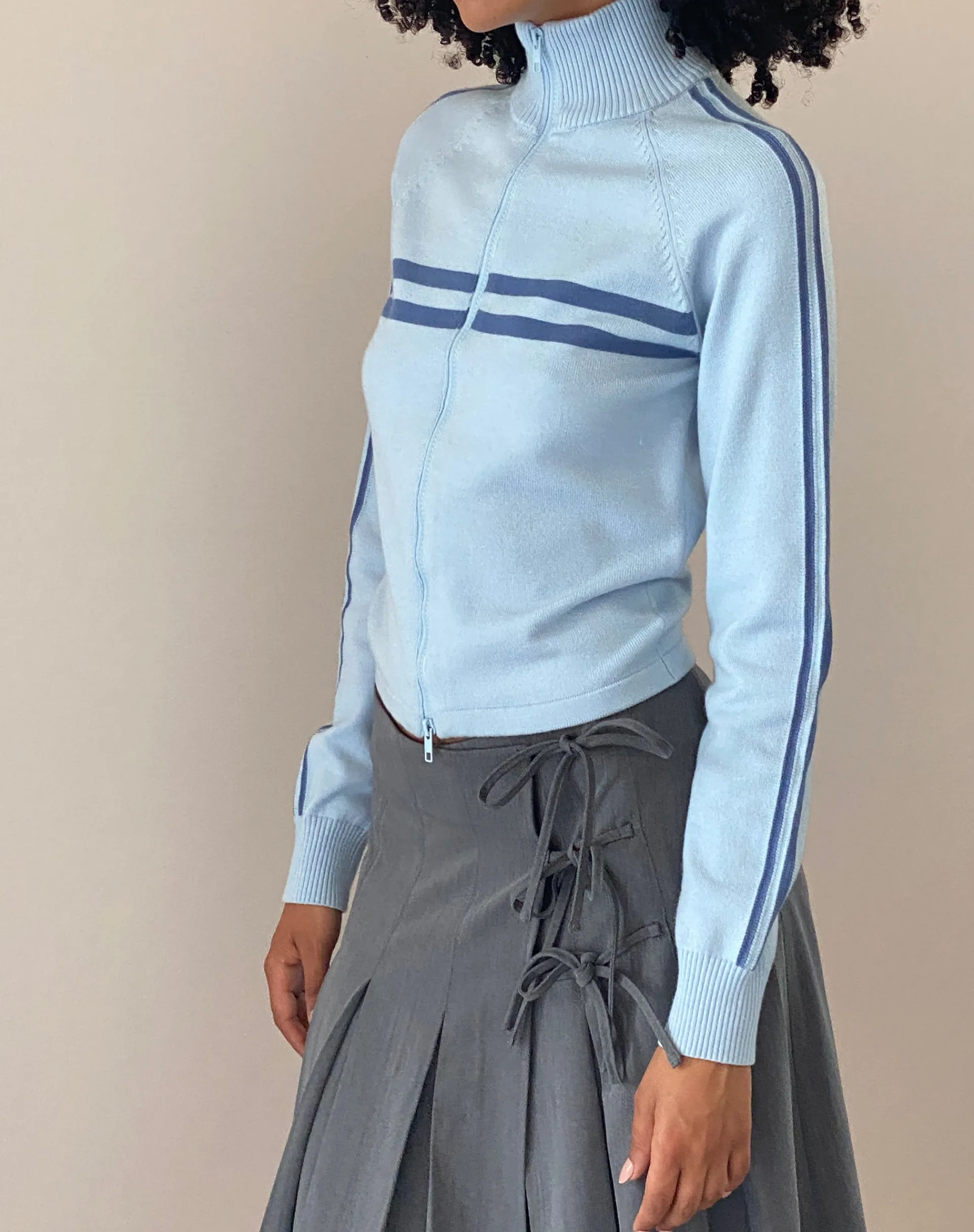 Motel Rocks Jackets-Talisa Sporty Zip Through Jacket in Knit Light Blue KnitLightBlue
