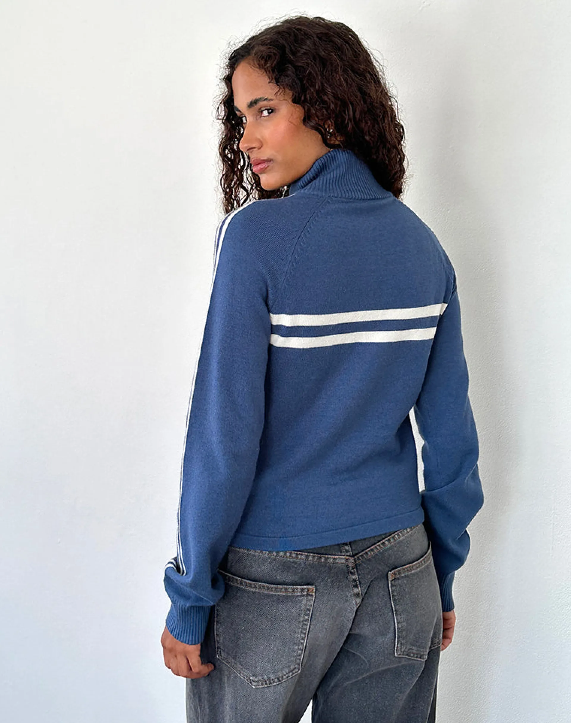 Motel Rocks Loungewear | Jumpers-Talisa Sporty Zip Through Jacket In Navy with Ivory Stripes NavywithIvoryStripes