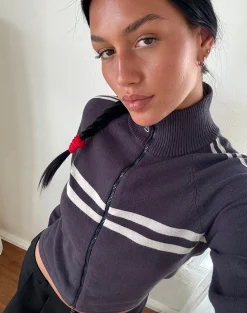 Motel Rocks Jackets-Talisa Sporty Zip Through Jacket In Charcoal with Light Grey Stripes CharcoalwithLightGreyStripes