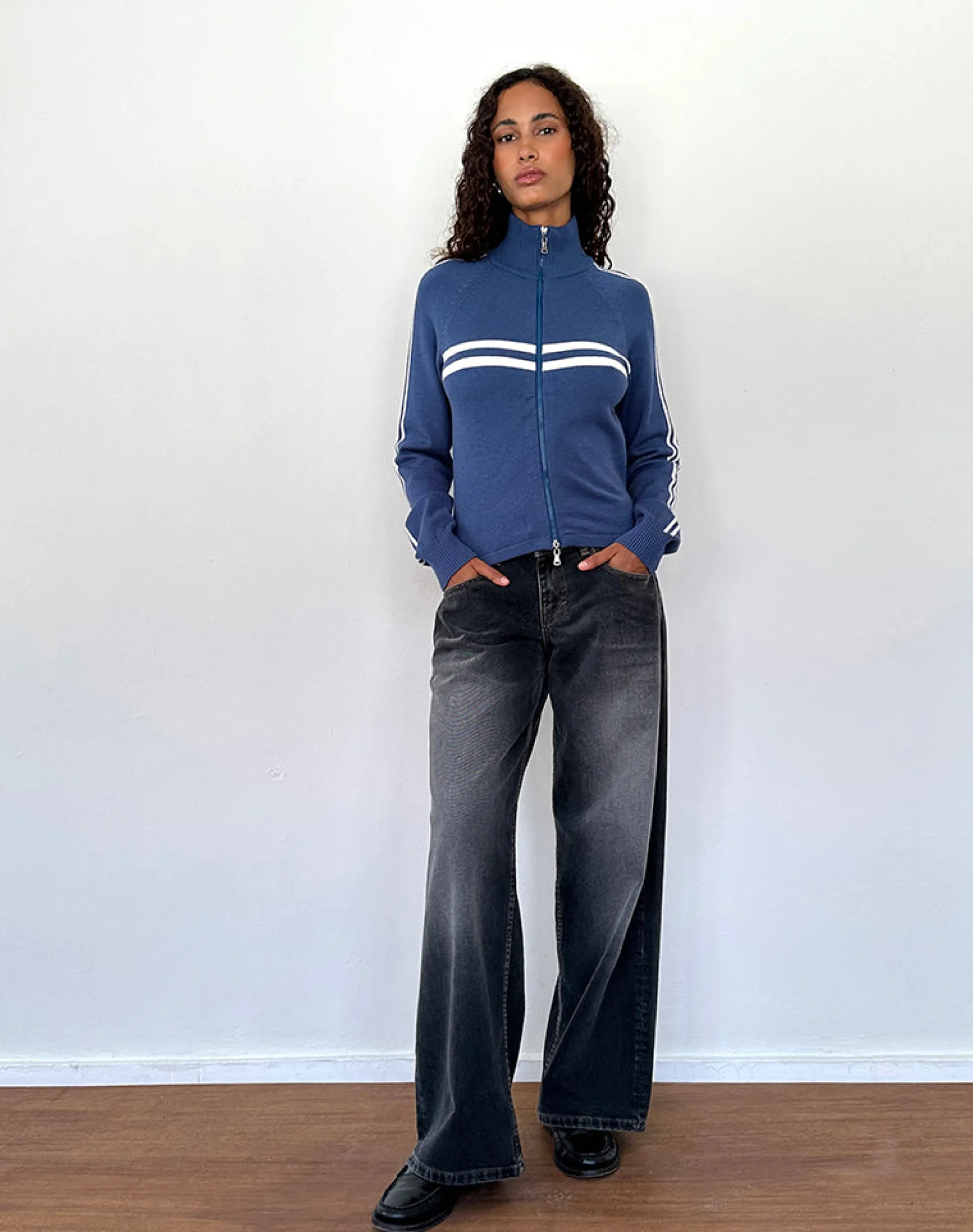 Motel Rocks Loungewear | Jumpers-Talisa Sporty Zip Through Jacket In Navy with Ivory Stripes NavywithIvoryStripes