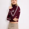 Motel Rocks Jackets-Talisa Zip Through Jacket in Maroon with White Stripe MaroonwithWhiteStripe